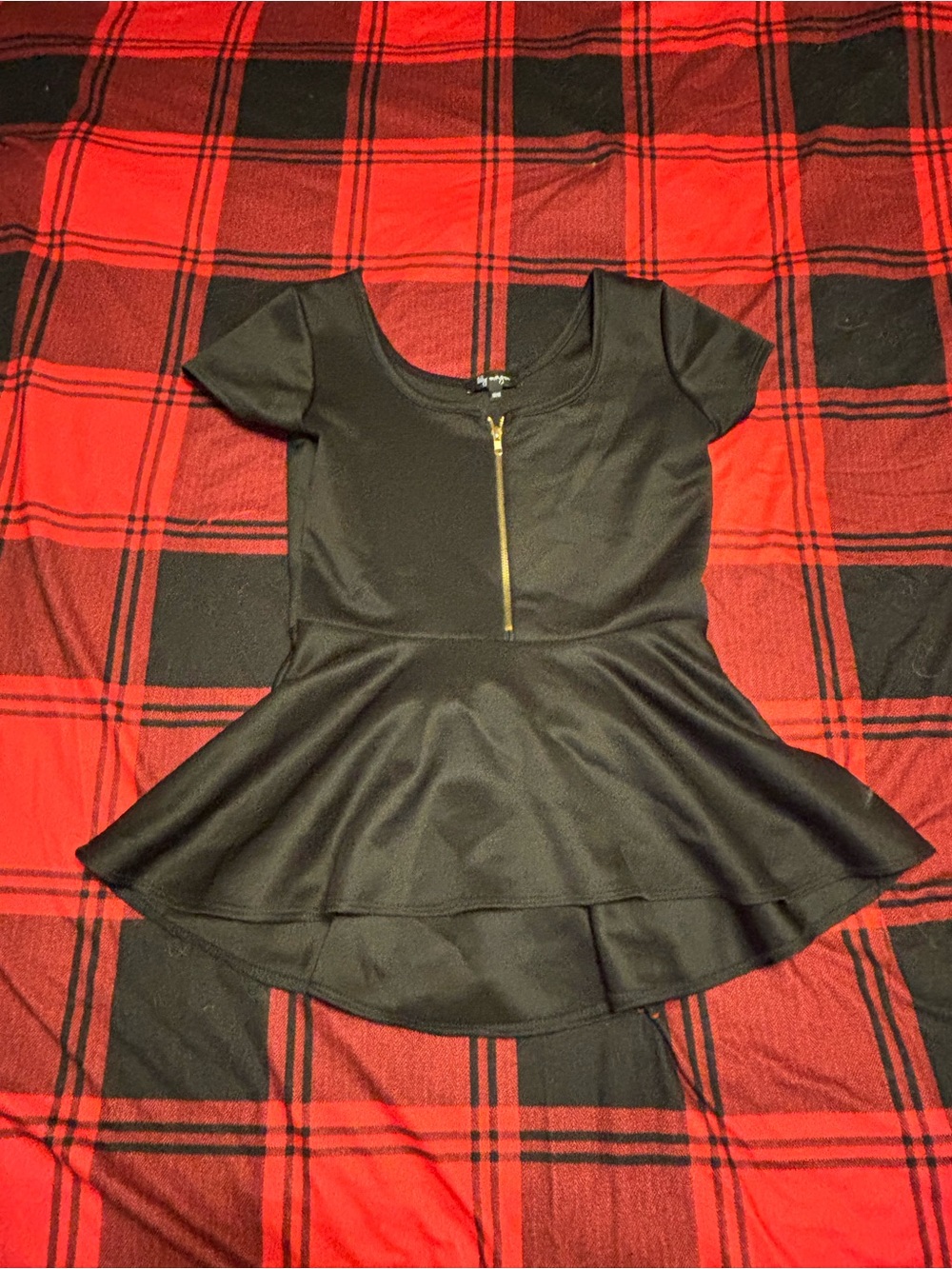 Black Peplum Top with Front Gold Zipper